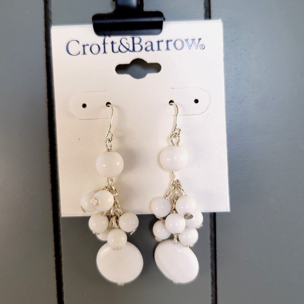 Croft & Barrow White Silver Bead Dangle Pierced Earrings 2.13in, Free Gift Bag